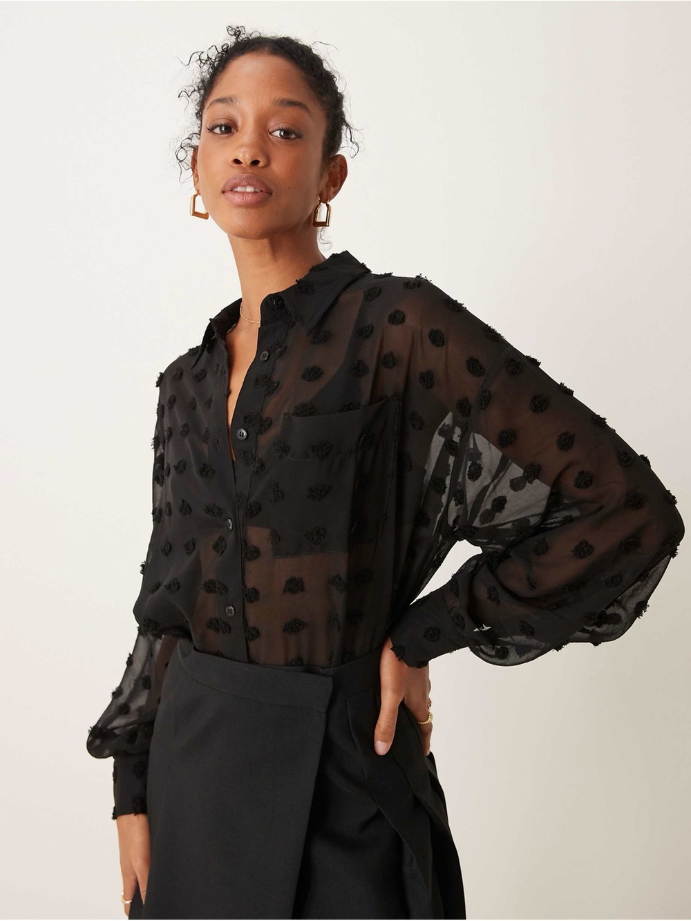 ASOS Black Sheer Dot-Texture Button Down oversized Shirt Sz 6 cute trendy